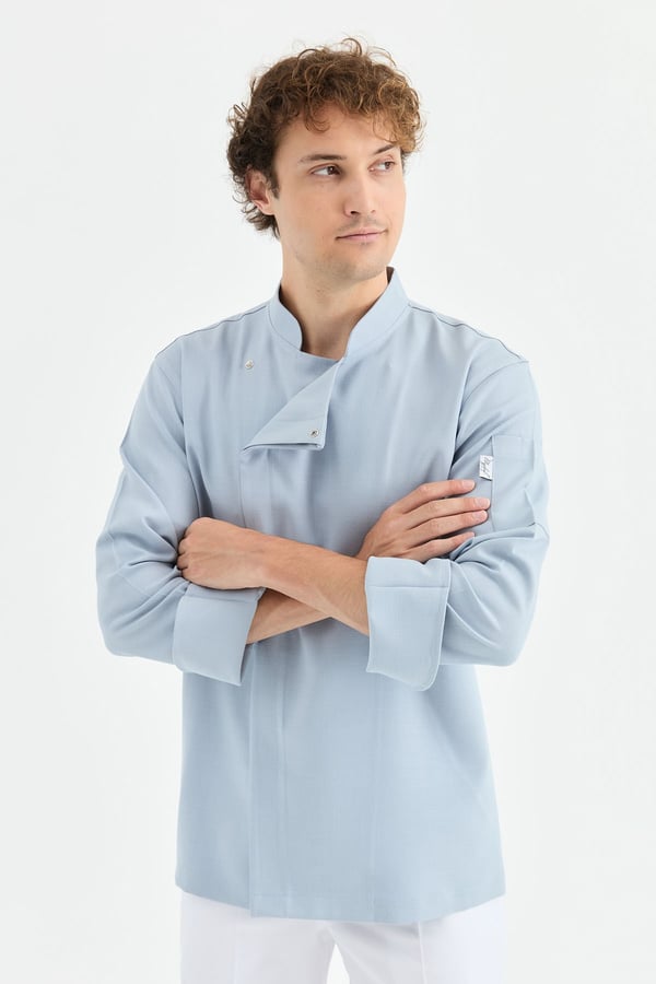 1923 Gizli Pat Erkek Şef Ceketi Mavi - Keten Dokulu Esnek Mutfak Kıyafeti - MyChef Uniforms