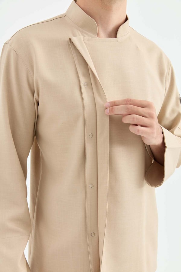 1923 Gizli Pat Erkek Şef Ceketi Koyu Bej - Keten Dokulu Esnek Mutfak Kıyafeti - MyChef Uniforms