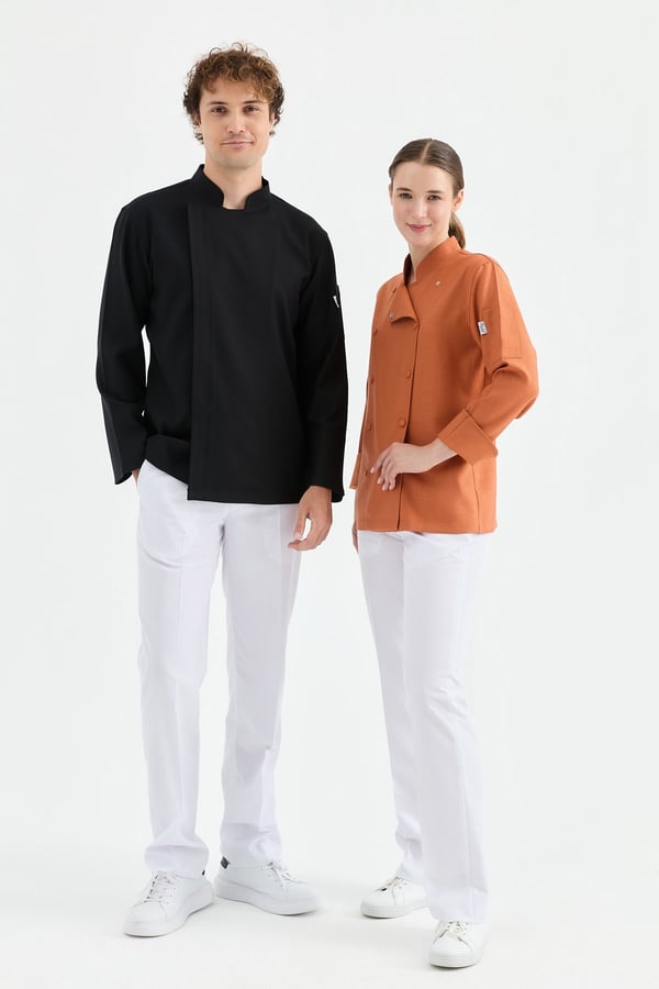 1923 Gizli Pat Erkek Şef Ceketi Siyah - Keten Dokulu Esnek Mutfak Kıyafeti - MyChef Uniforms
