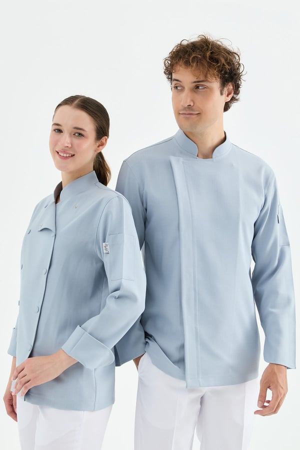 1923 Gizli Pat Erkek Şef Ceketi Mavi - Keten Dokulu Esnek Mutfak Kıyafeti - MyChef Uniforms