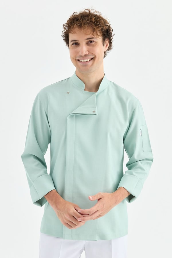 1923 Gizli Pat Şef Ceketi Turkuaz - Keten Dokulu Esnek Mutfak Kıyafeti - MyChef Uniforms