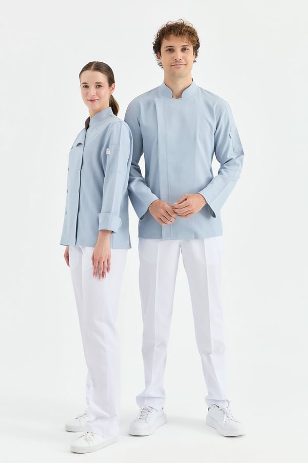 1923 Gizli Pat Erkek Şef Ceketi Mavi - Keten Dokulu Esnek Mutfak Kıyafeti - MyChef Uniforms