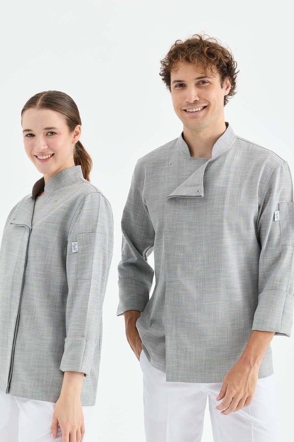 1923 Gizli Pat Şef Ceketi Koyu Gri - Keten Dokulu Esnek Mutfak Kıyafeti - MyChef Uniforms