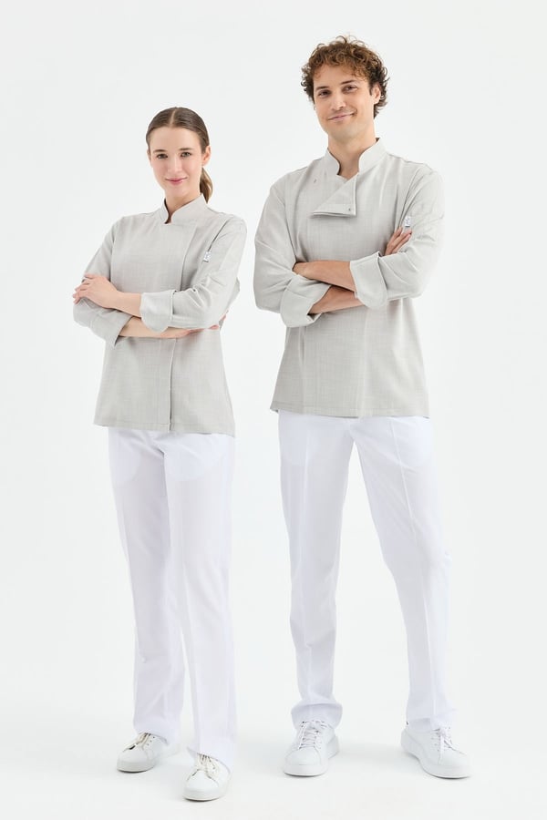 1923 Gizli Pat Şef Ceketi Gri - Keten Dokulu Esnek Mutfak Kıyafeti - MyChef Uniforms
