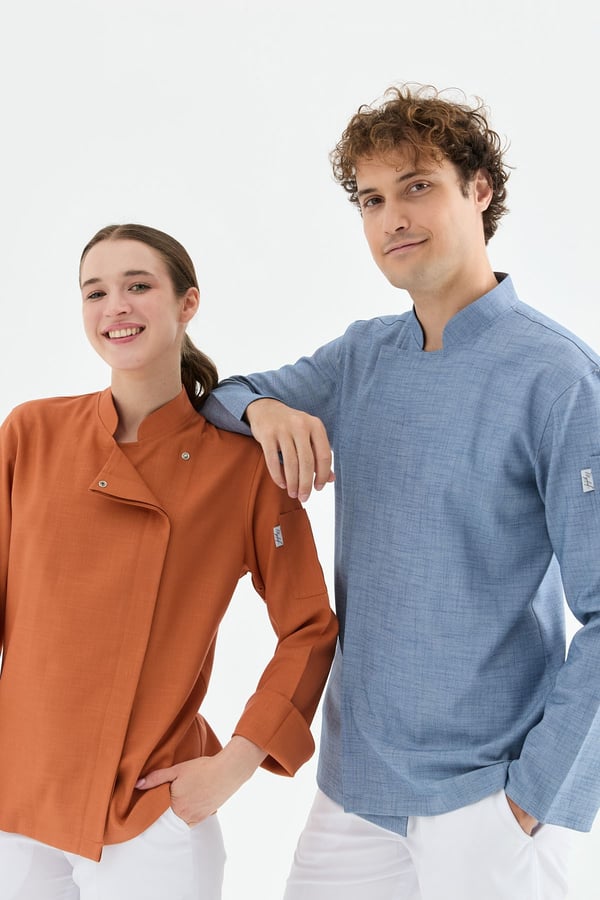 1923 Gizli Pat Şef Ceketi Lacivert - Keten Dokulu Esnek Mutfak Kıyafeti - MyChef Uniforms