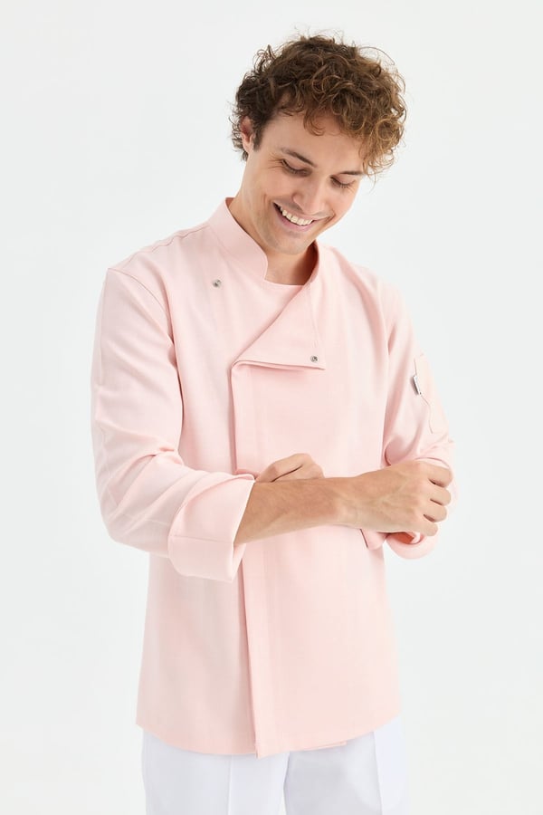 1923 Gizli Pat Erkek Şef Ceketi Pembe - Keten Dokulu Esnek Mutfak Kıyafeti - MyChef Uniforms
