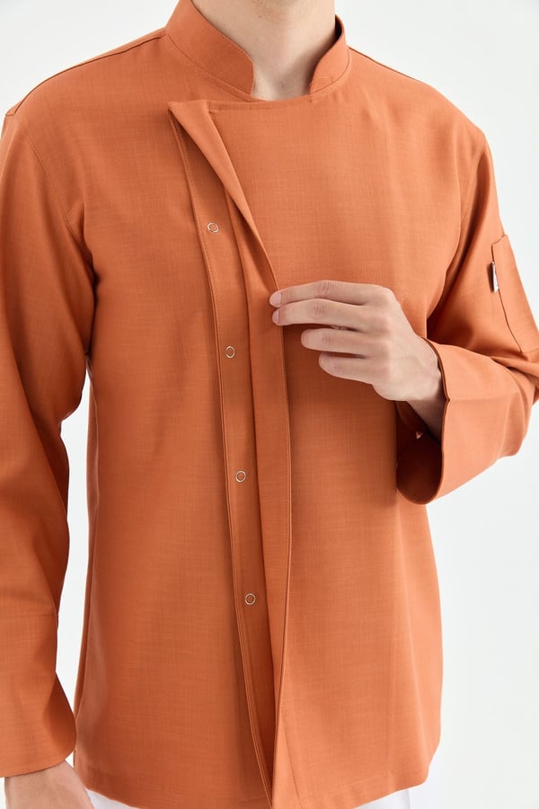 1923 Gizli Pat Erkek Şef Ceketi Kiremit - Keten Dokulu Esnek Mutfak Kıyafeti - MyChef Uniforms