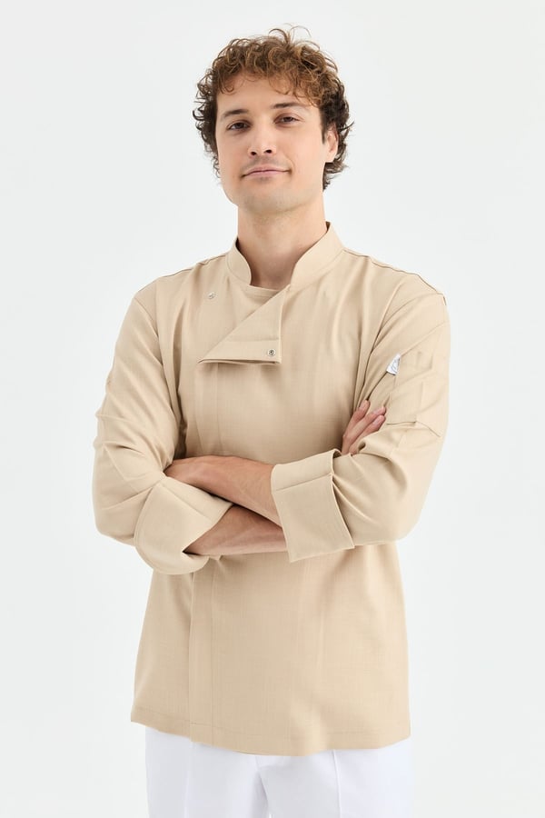 1923 Gizli Pat Erkek Şef Ceketi Koyu Bej - Keten Dokulu Esnek Mutfak Kıyafeti - MyChef Uniforms