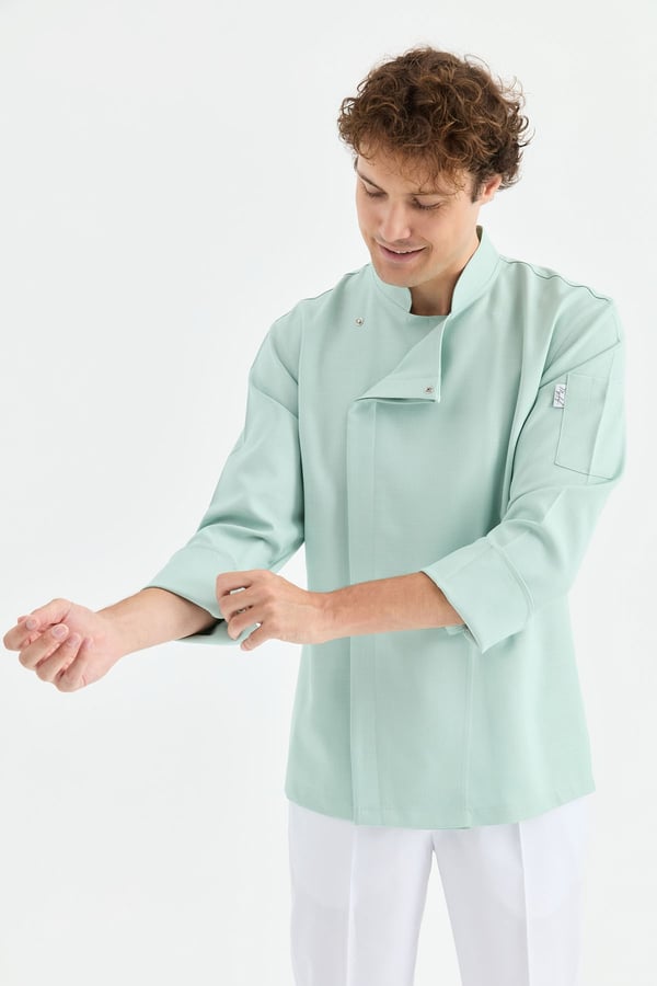 1923 Gizli Pat Şef Ceketi Turkuaz - Keten Dokulu Esnek Mutfak Kıyafeti - MyChef Uniforms