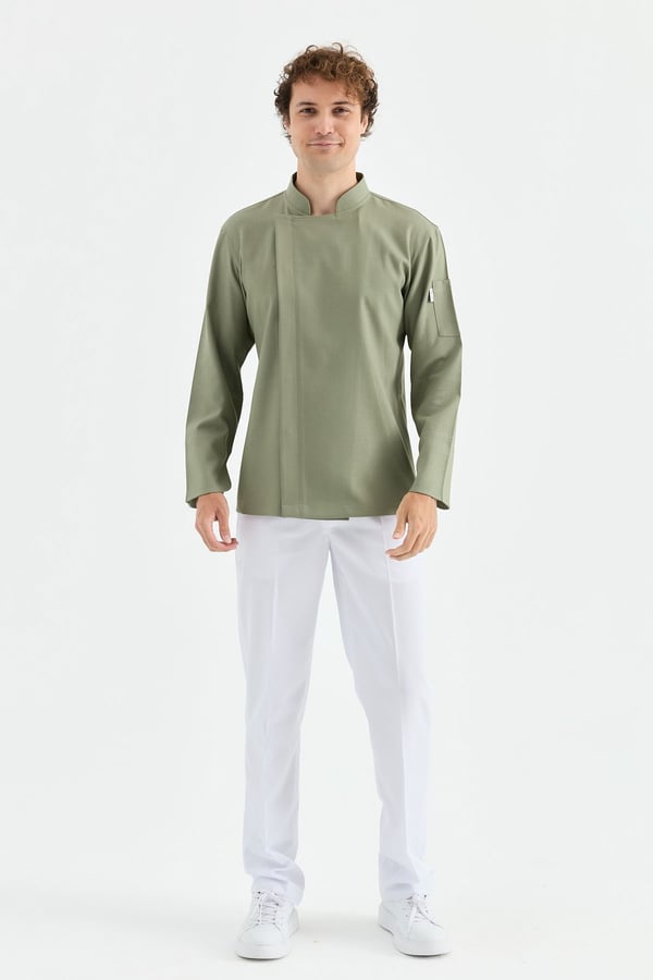 1923 Gizli Pat Erkek Şef Ceketi Haki - Keten Dokulu Esnek Mutfak Kıyafeti - MyChef Uniforms