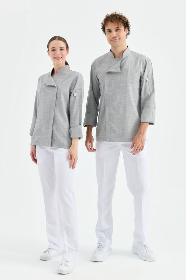 1923 Gizli Pat Şef Ceketi Koyu Gri - Keten Dokulu Esnek Mutfak Kıyafeti - MyChef Uniforms