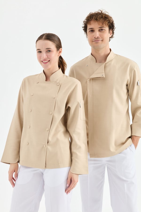 1923 Gizli Pat Erkek Şef Ceketi Koyu Bej - Keten Dokulu Esnek Mutfak Kıyafeti - MyChef Uniforms