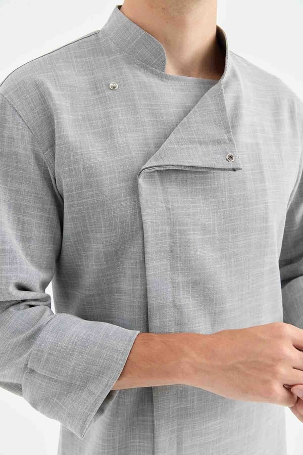 1923 Gizli Pat Şef Ceketi Koyu Gri - Keten Dokulu Esnek Mutfak Kıyafeti - MyChef Uniforms