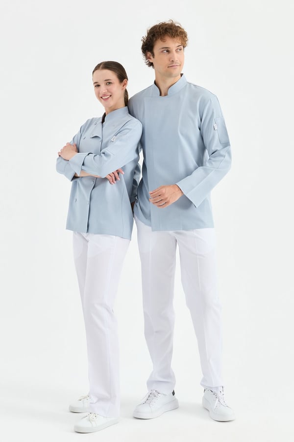 1923 Gizli Pat Erkek Şef Ceketi Mavi - Keten Dokulu Esnek Mutfak Kıyafeti - MyChef Uniforms