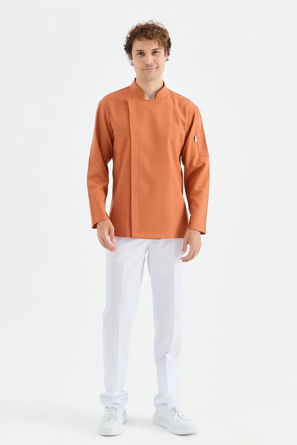 1923 Gizli Pat Erkek Şef Ceketi Kiremit - Keten Dokulu Esnek Mutfak Kıyafeti - MyChef Uniforms