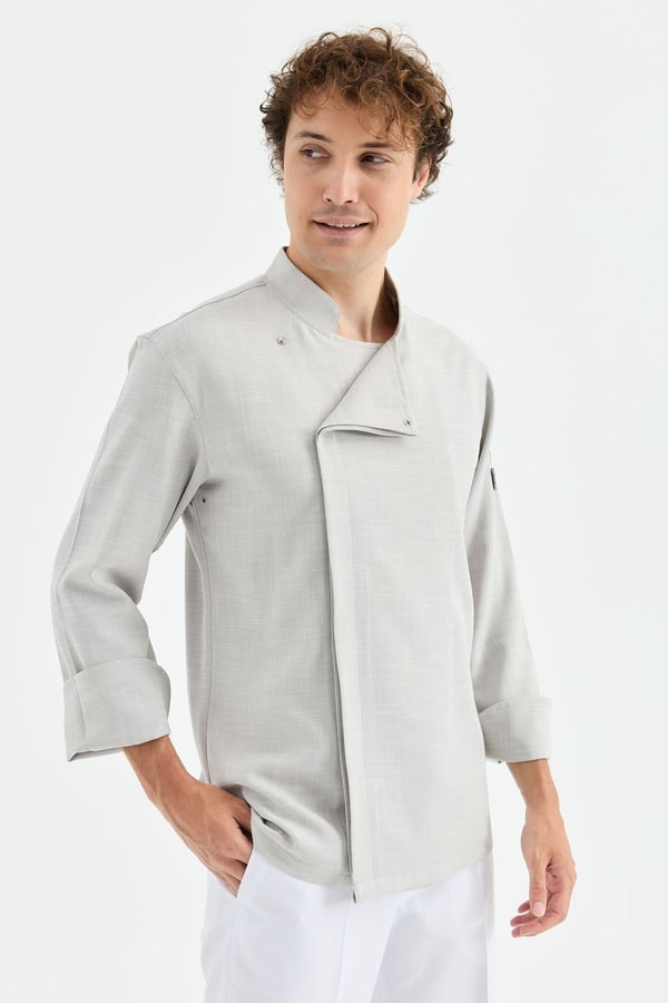 1923 Gizli Pat Şef Ceketi Gri - Keten Dokulu Esnek Mutfak Kıyafeti - MyChef Uniforms