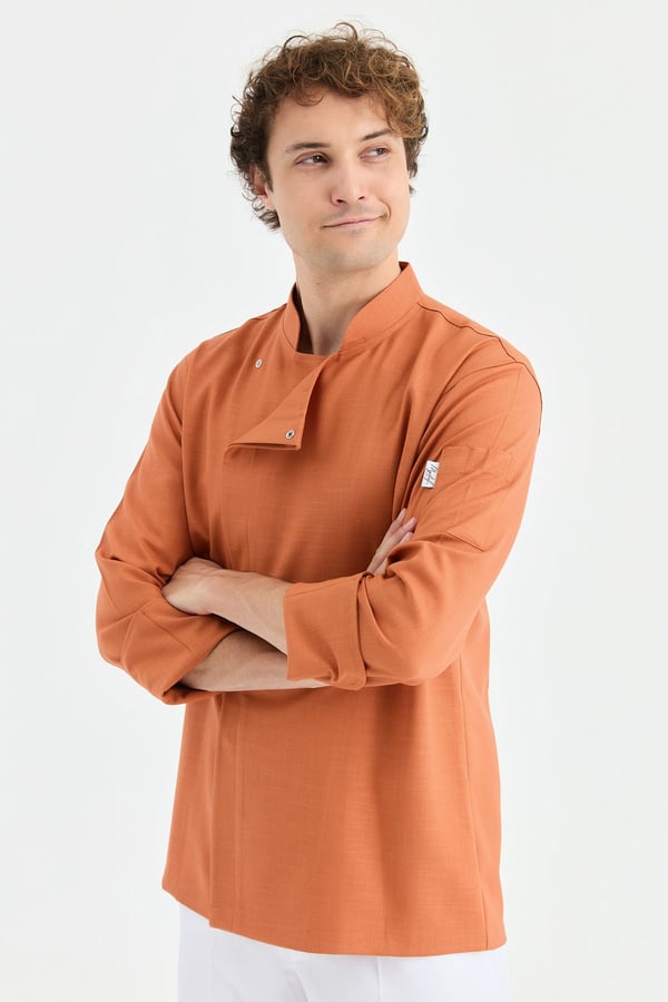 1923 Gizli Pat Erkek Şef Ceketi Kiremit - Keten Dokulu Esnek Mutfak Kıyafeti - MyChef Uniforms