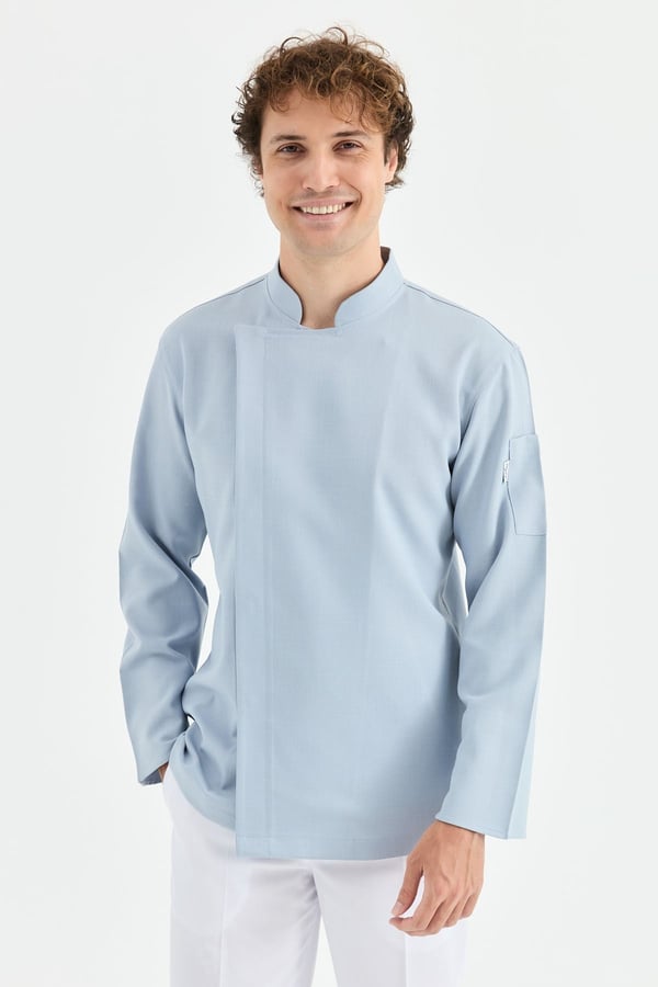 1923 Gizli Pat Erkek Şef Ceketi Mavi - Keten Dokulu Esnek Mutfak Kıyafeti - MyChef Uniforms