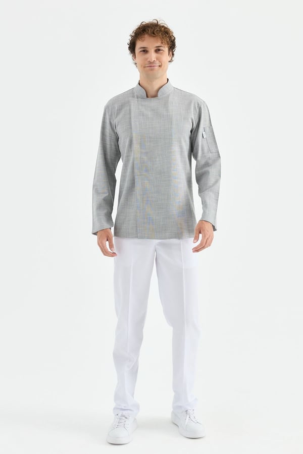 1923 Gizli Pat Şef Ceketi Koyu Gri - Keten Dokulu Esnek Mutfak Kıyafeti - MyChef Uniforms