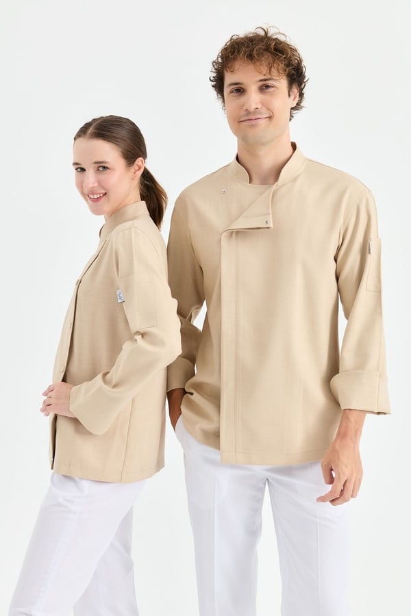 1923 Gizli Pat Erkek Şef Ceketi Koyu Bej - Keten Dokulu Esnek Mutfak Kıyafeti - MyChef Uniforms