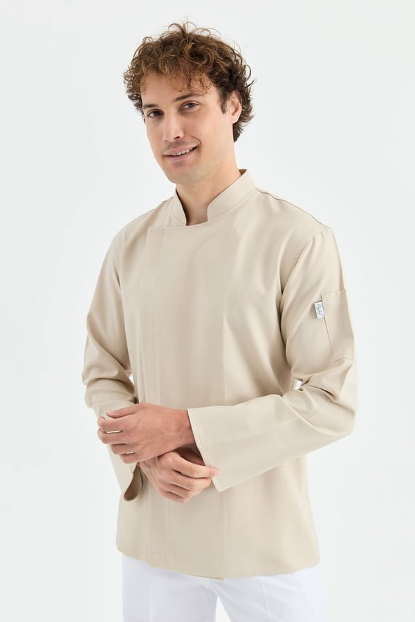 1923 Gizli Pat Erkek Şef Ceketi Bej - Keten Dokulu Esnek Mutfak Kıyafeti - MyChef Uniforms