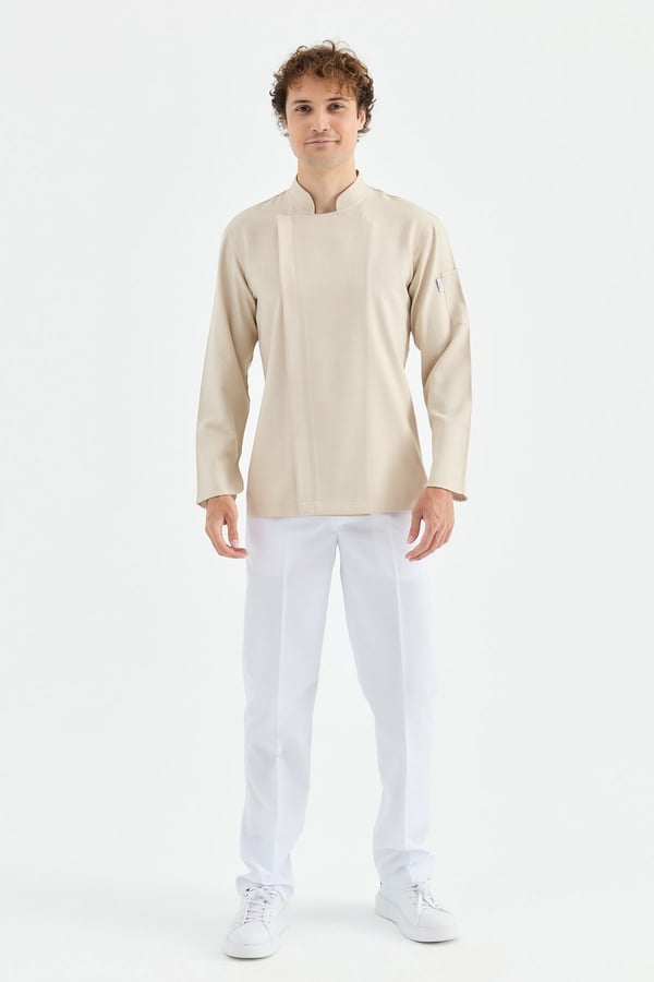 1923 Gizli Pat Erkek Şef Ceketi Bej - Keten Dokulu Esnek Mutfak Kıyafeti - MyChef Uniforms