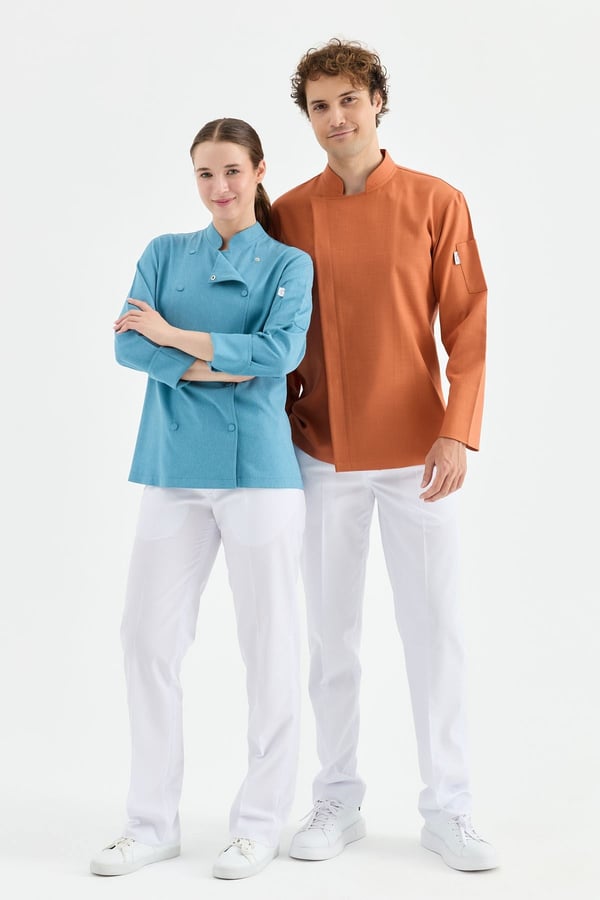 1923 Gizli Pat Erkek Şef Ceketi Kiremit - Keten Dokulu Esnek Mutfak Kıyafeti - MyChef Uniforms