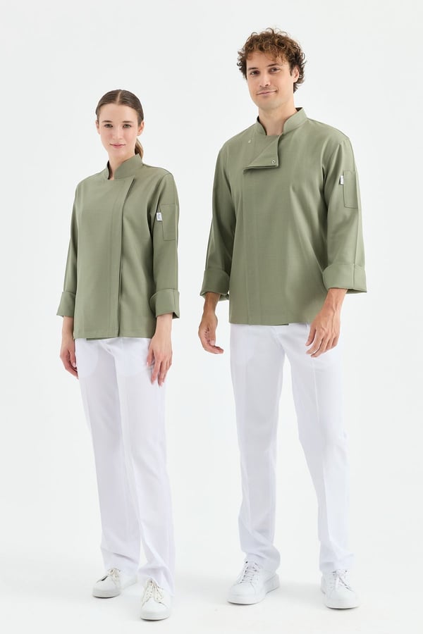 1923 Gizli Pat Erkek Şef Ceketi Haki - Keten Dokulu Esnek Mutfak Kıyafeti - MyChef Uniforms