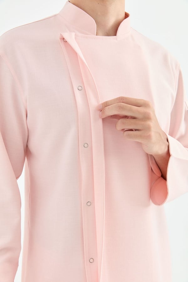 1923 Gizli Pat Erkek Şef Ceketi Pembe - Keten Dokulu Esnek Mutfak Kıyafeti - MyChef Uniforms