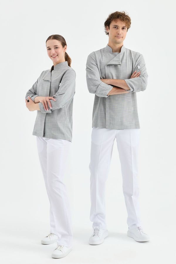 1923 Gizli Pat Şef Ceketi Koyu Gri - Keten Dokulu Esnek Mutfak Kıyafeti - MyChef Uniforms