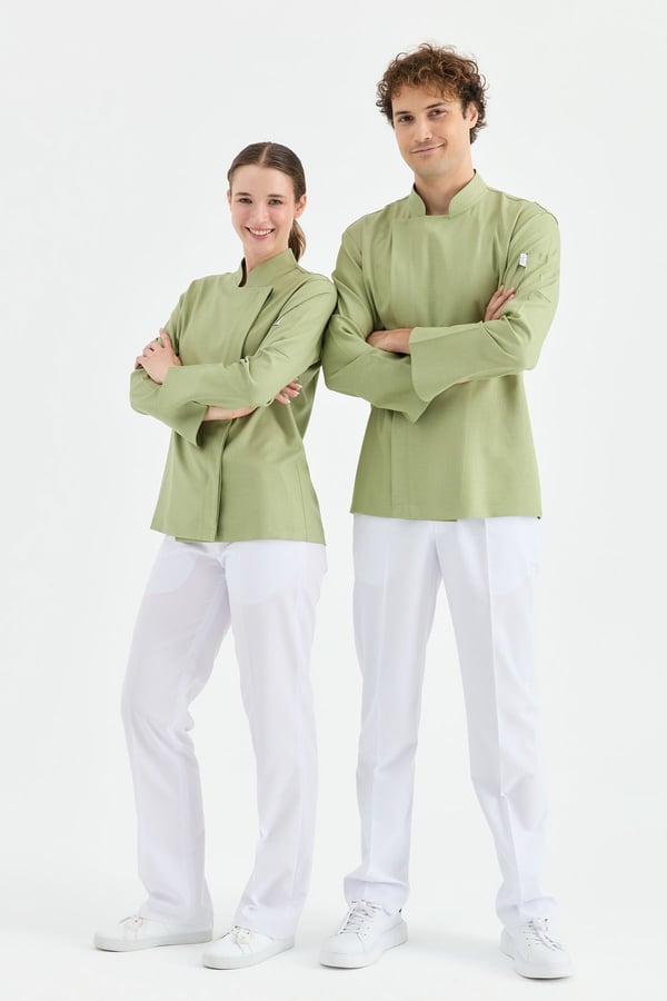1923 Gizli Pat Erkek Şef Ceketi Yeşil - Keten Dokulu Esnek Mutfak Kıyafeti - MyChef Uniforms