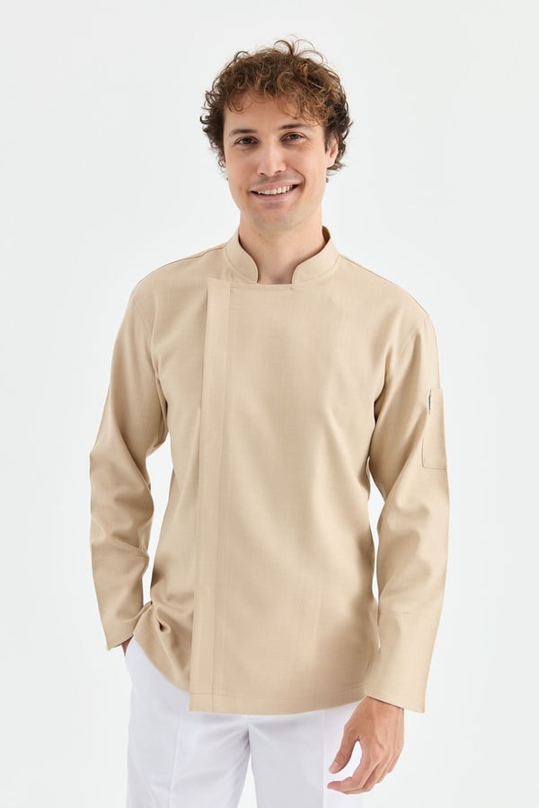 1923 Gizli Pat Erkek Şef Ceketi Koyu Bej - Keten Dokulu Esnek Mutfak Kıyafeti - MyChef Uniforms