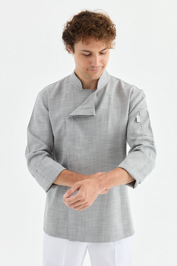 1923 Gizli Pat Şef Ceketi Koyu Gri - Keten Dokulu Esnek Mutfak Kıyafeti - MyChef Uniforms