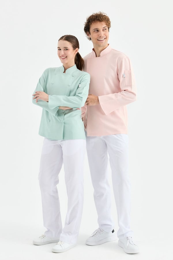 1923 Gizli Pat Erkek Şef Ceketi Pembe - Keten Dokulu Esnek Mutfak Kıyafeti - MyChef Uniforms