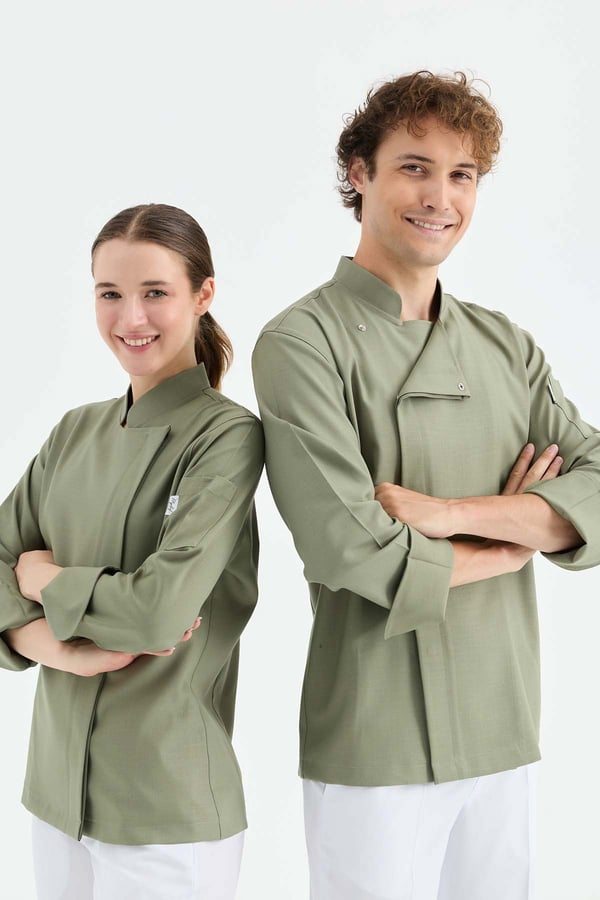 1923 Gizli Pat Erkek Şef Ceketi Haki - Keten Dokulu Esnek Mutfak Kıyafeti - MyChef Uniforms