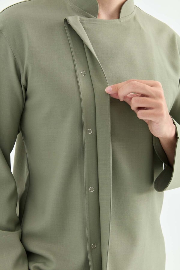 1923 Gizli Pat Erkek Şef Ceketi Haki - Keten Dokulu Esnek Mutfak Kıyafeti - MyChef Uniforms