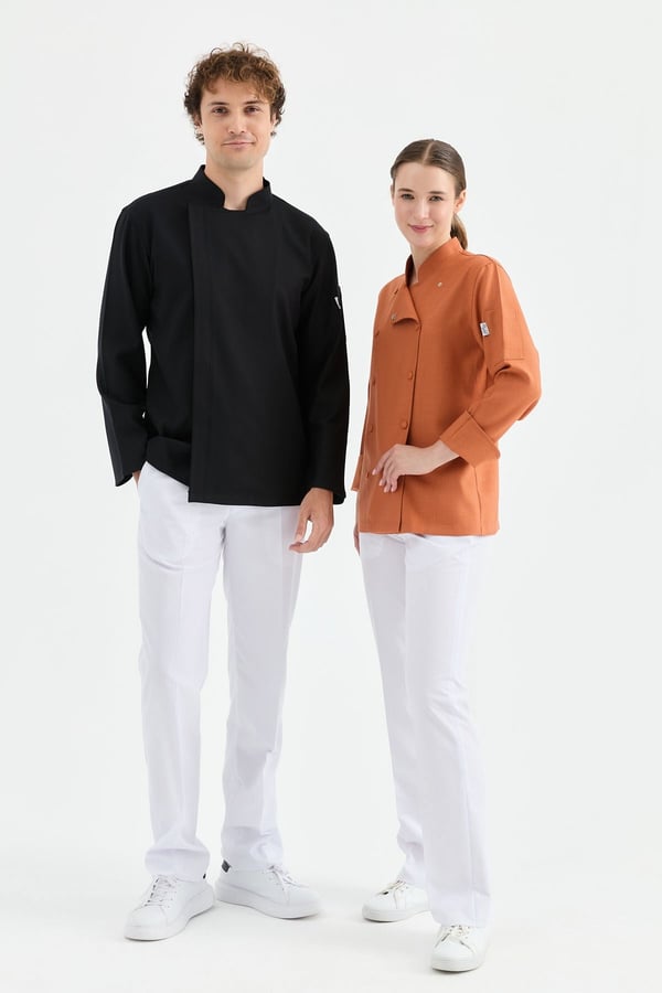 1923 Gizli Pat Erkek Şef Ceketi Siyah - Keten Dokulu Esnek Mutfak Kıyafeti - MyChef Uniforms