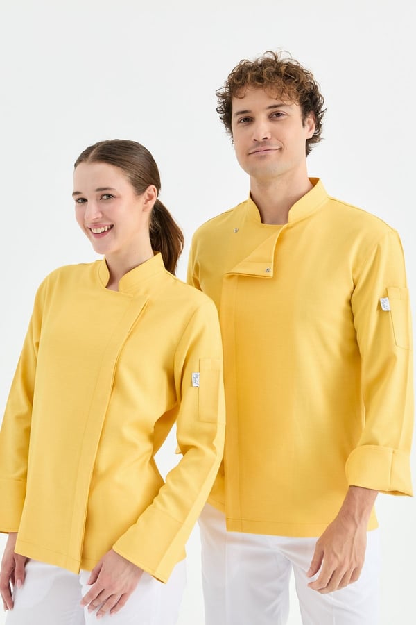 1923 Gizli Pat Erkek Şef Ceketi Sarı - Keten Dokulu Esnek Mutfak Kıyafeti - MyChef Uniforms
