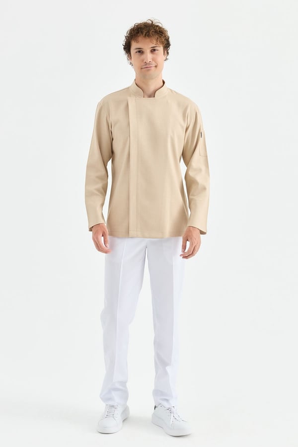 1923 Gizli Pat Erkek Şef Ceketi Koyu Bej - Keten Dokulu Esnek Mutfak Kıyafeti - MyChef Uniforms