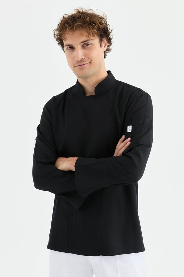 1923 Gizli Pat Erkek Şef Ceketi Siyah - Keten Dokulu Esnek Mutfak Kıyafeti - MyChef Uniforms
