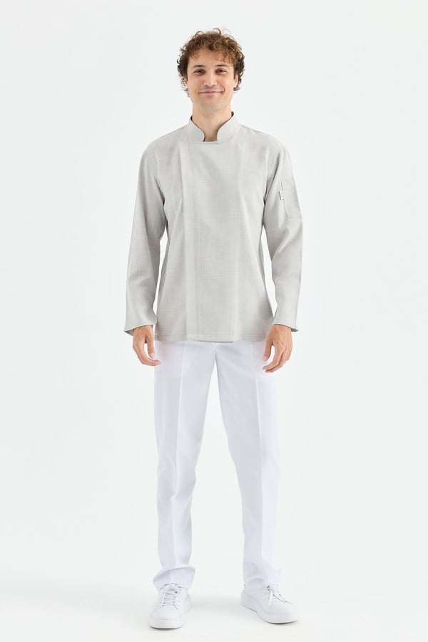 1923 Gizli Pat Şef Ceketi Gri - Keten Dokulu Esnek Mutfak Kıyafeti - MyChef Uniforms