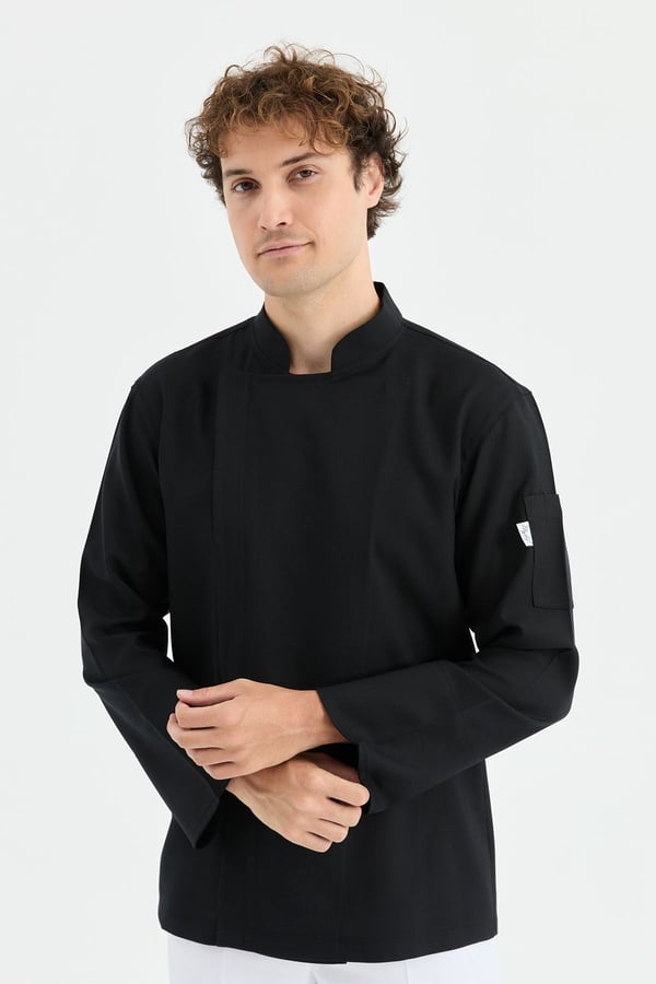 1923 Gizli Pat Erkek Şef Ceketi Siyah - Keten Dokulu Esnek Mutfak Kıyafeti - MyChef Uniforms