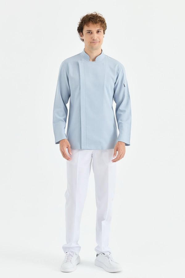 1923 Gizli Pat Erkek Şef Ceketi Mavi - Keten Dokulu Esnek Mutfak Kıyafeti - MyChef Uniforms