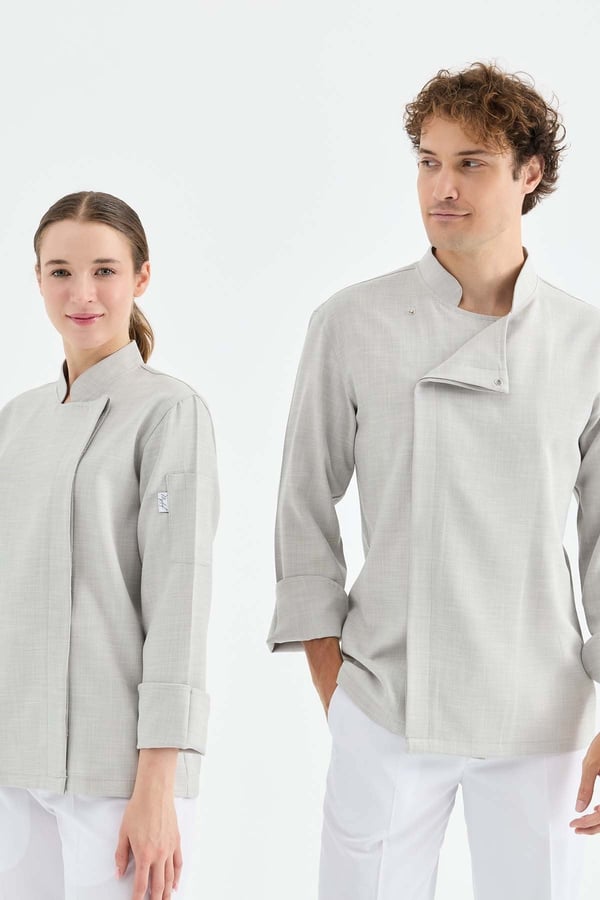 1923 Gizli Pat Şef Ceketi Gri - Keten Dokulu Esnek Mutfak Kıyafeti - MyChef Uniforms