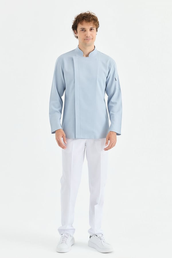 1923 Gizli Pat Erkek Şef Ceketi Mavi - Keten Dokulu Esnek Mutfak Kıyafeti - MyChef Uniforms