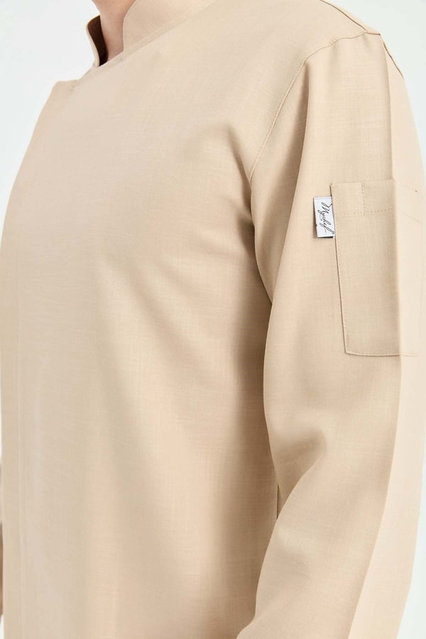 1923 Gizli Pat Erkek Şef Ceketi Koyu Bej - Keten Dokulu Esnek Mutfak Kıyafeti - MyChef Uniforms