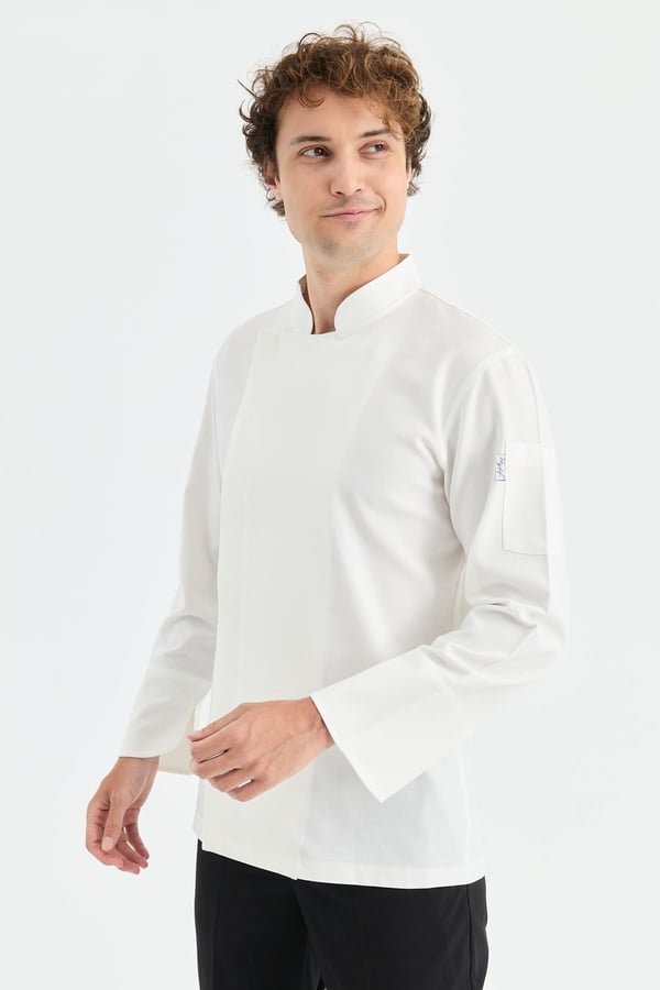 1923 Gizli Pat Erkek Şef Ceketi Beyaz - Keten Dokulu Esnek Mutfak Kıyafeti - MyChef Uniforms