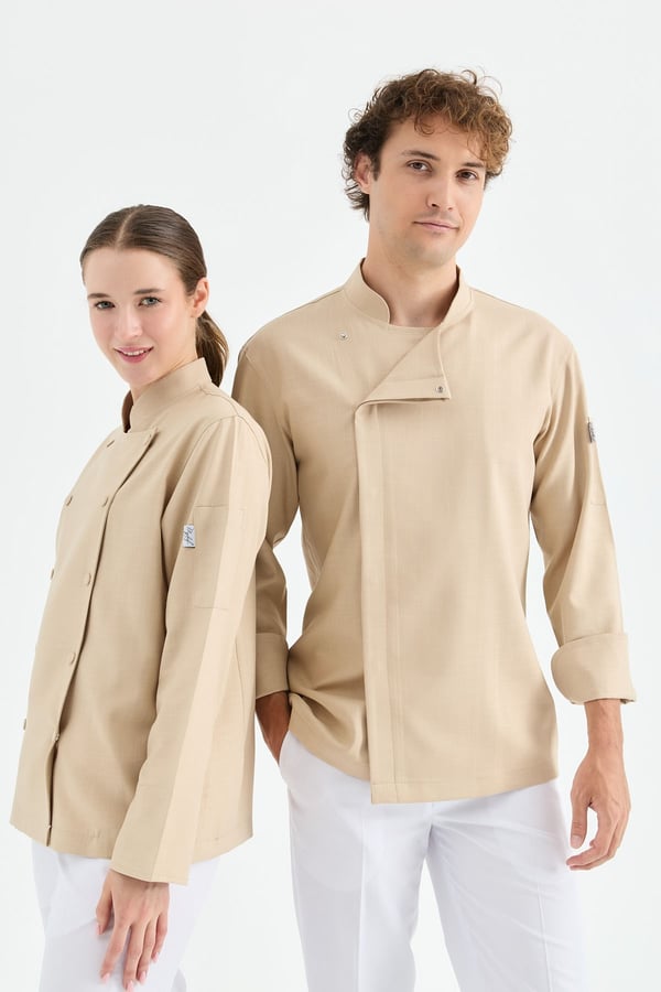 1923 Gizli Pat Erkek Şef Ceketi Koyu Bej - Keten Dokulu Esnek Mutfak Kıyafeti - MyChef Uniforms