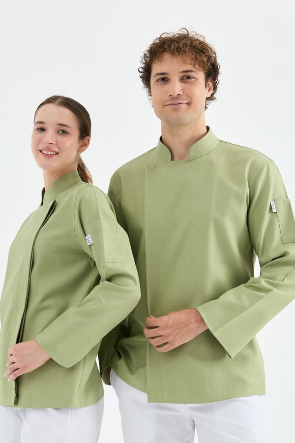 1923 Gizli Pat Erkek Şef Ceketi Yeşil - Keten Dokulu Esnek Mutfak Kıyafeti - MyChef Uniforms