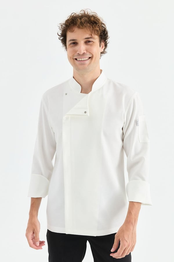 1923 Gizli Pat Erkek Şef Ceketi Beyaz - Keten Dokulu Esnek Mutfak Kıyafeti - MyChef Uniforms